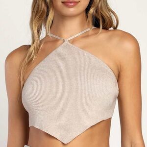 Lulus Always Ready To Party Beige Ribbed Halter Handkerchief Crop Top